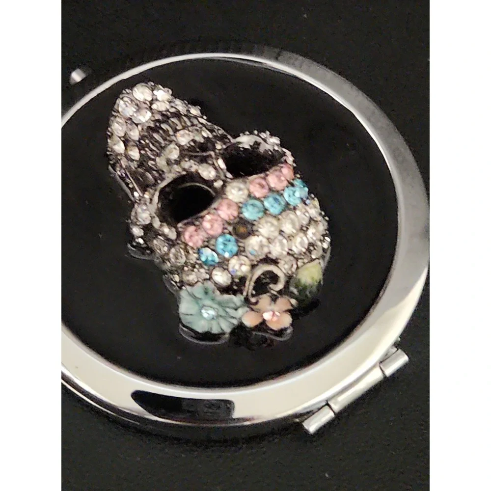 Glossy Black Skull Compact Mirror Rhinestone 3D Double Sided Pre-Owned